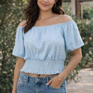 SO Blue Eyelet Crop Top Size M | Smocked Waist | Feminine Summer Top